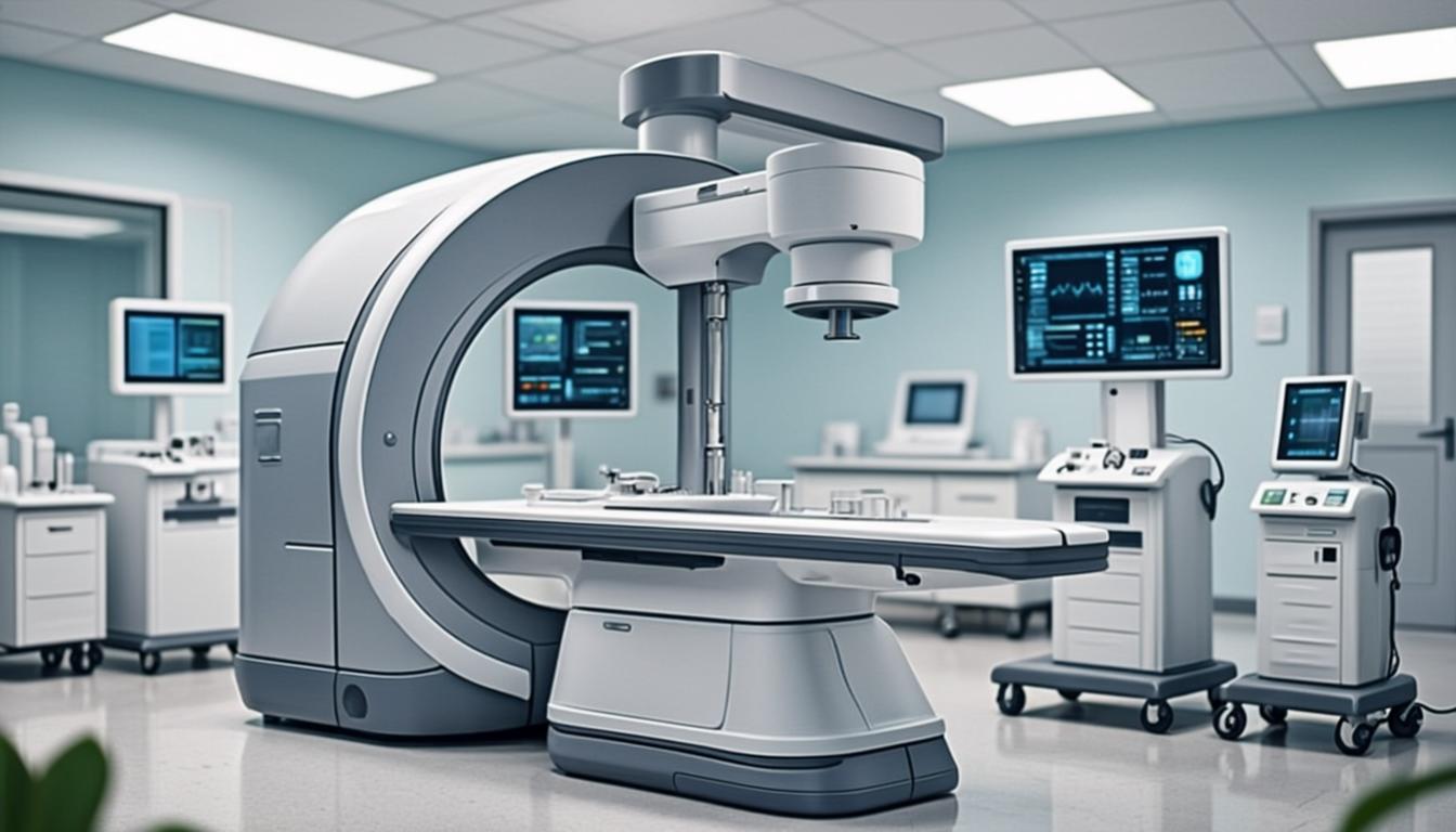 Tenaga medis menggunakan peralatan radiologi digital modern di ruang pemeriksaan